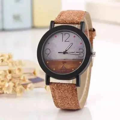 Herren- und Damenuhr mit floralem Muster, Holzmaserung und Lederarm - Stilvolle Armbanduhr für jeden Anlass